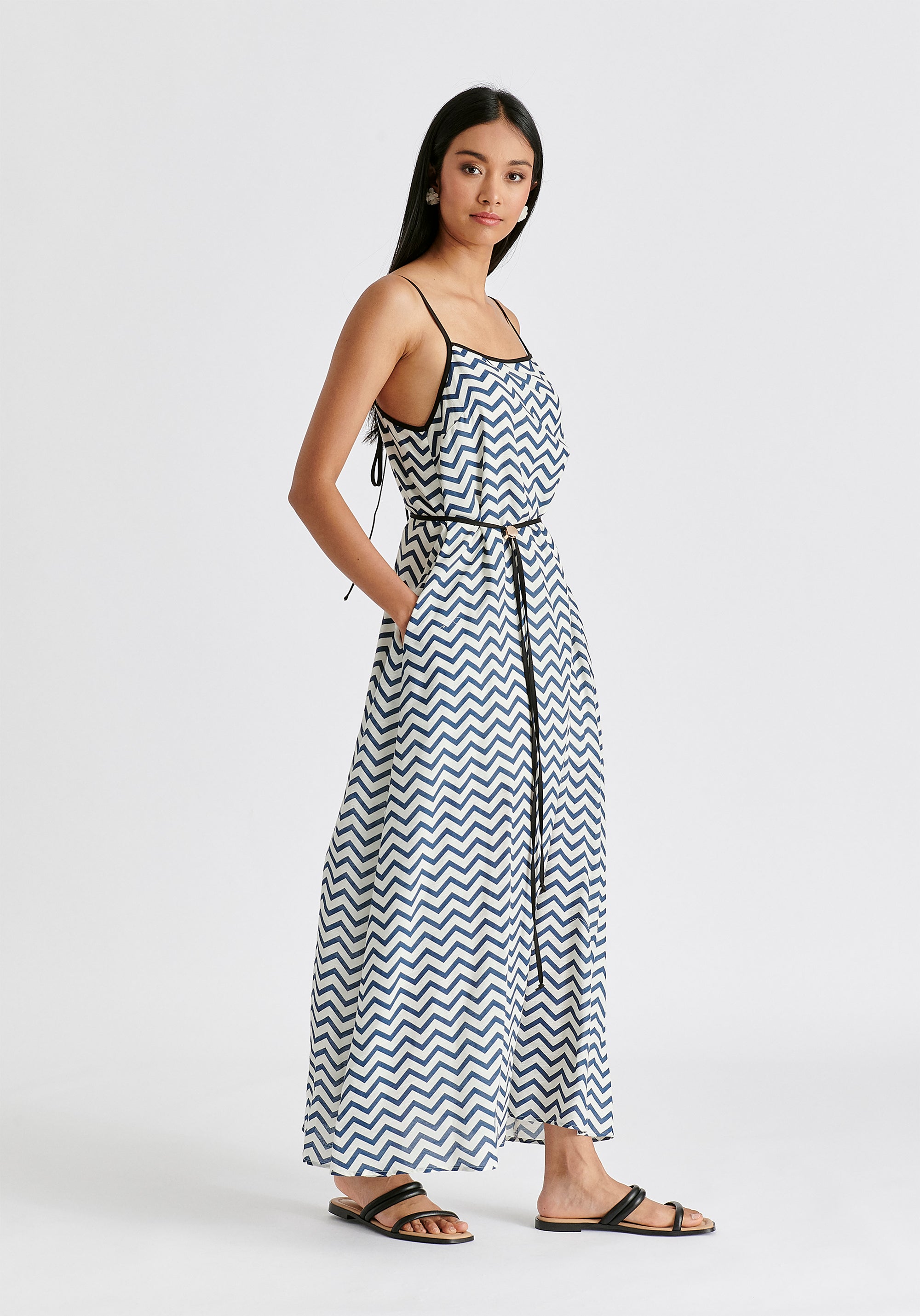 Spaghetti Strap Swing Dress in Zigzag Pattern in White and Blue Side