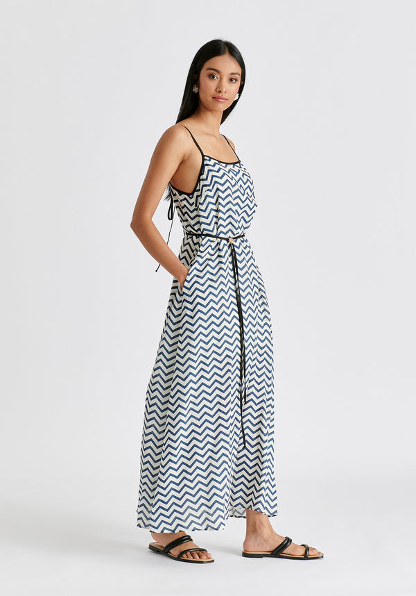 Spaghetti Strap Swing Dress in Zigzag Pattern in White and Blue Side