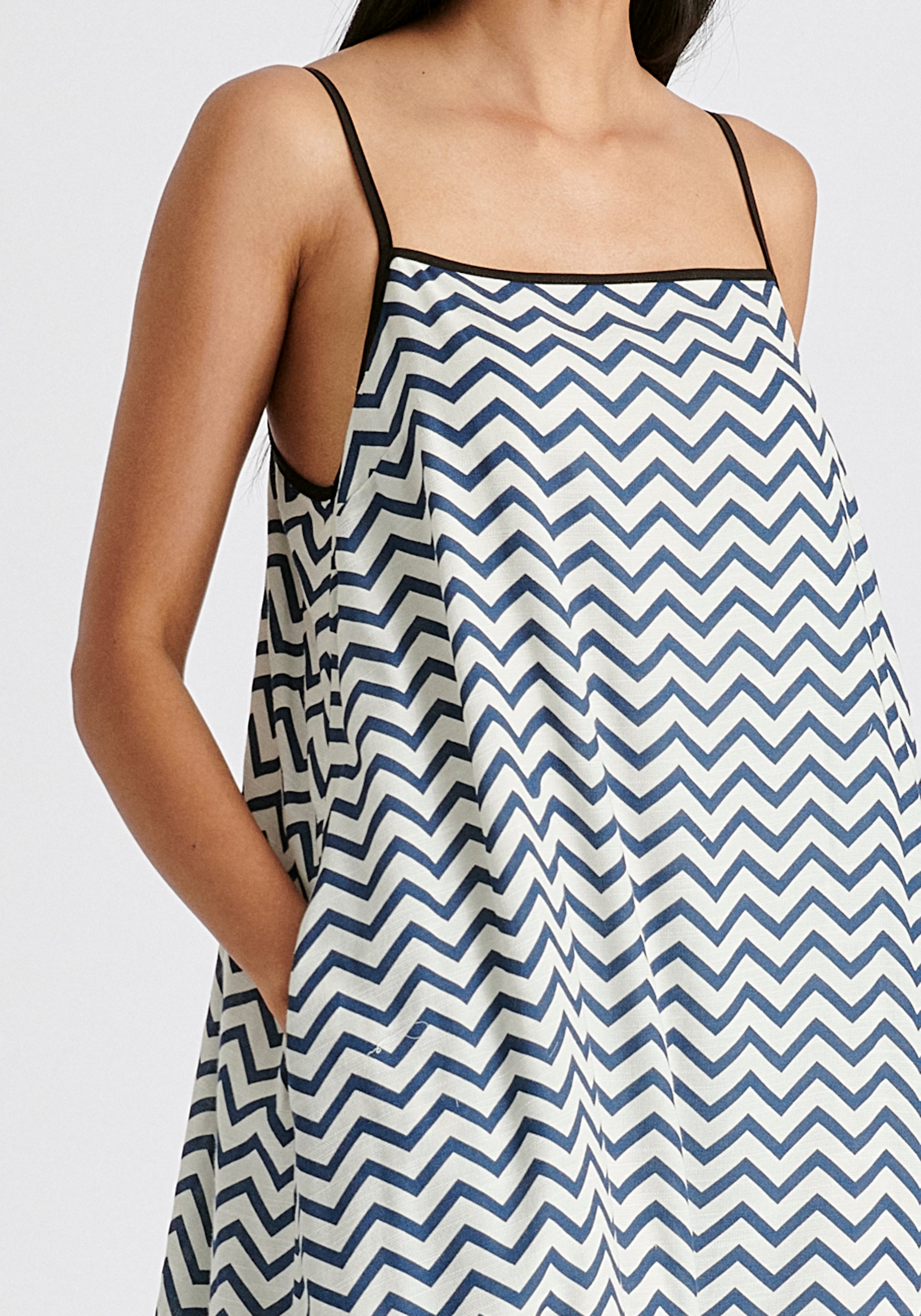 Spaghetti Strap Swing Dress in Zigzag Pattern in White and Blue Closeup