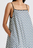 Spaghetti Strap Swing Dress in Zigzag Pattern in White and Blue Closeup