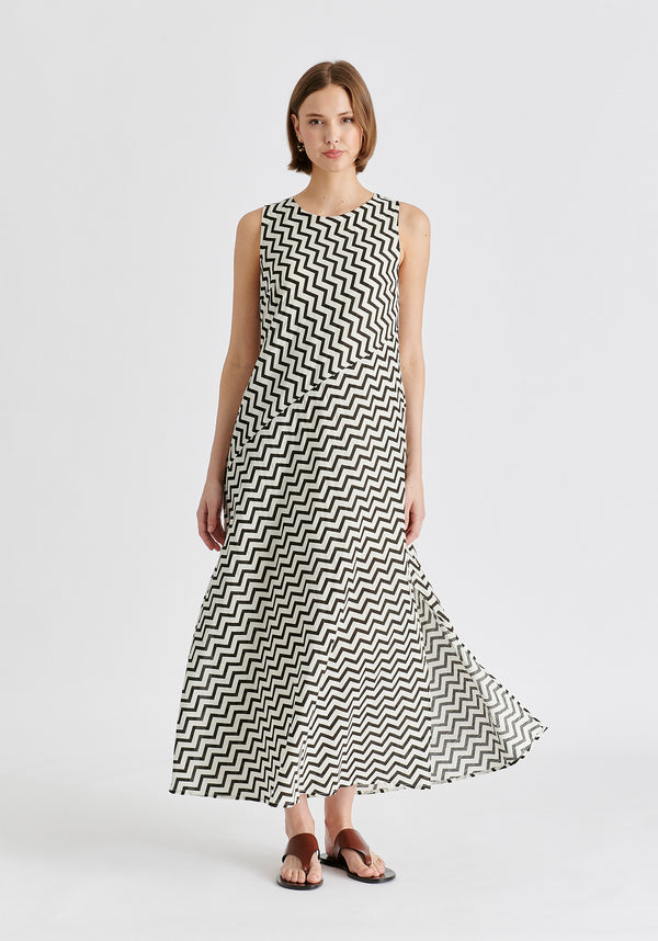 A-Line Midaxi Dress in Zigzag Pattern in White and Black