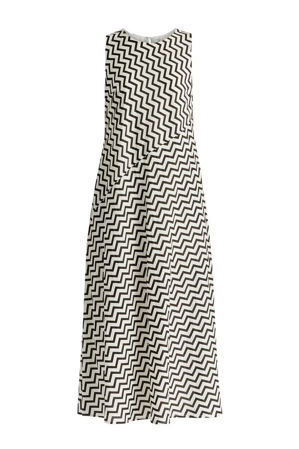 A-Line Midaxi Dress in Zigzag Pattern in White and Black Cutout