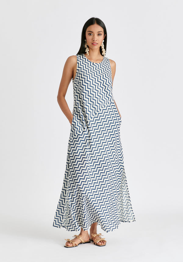 A-Line Midaxi Dress in Zigzag Pattern in White and Blue Front