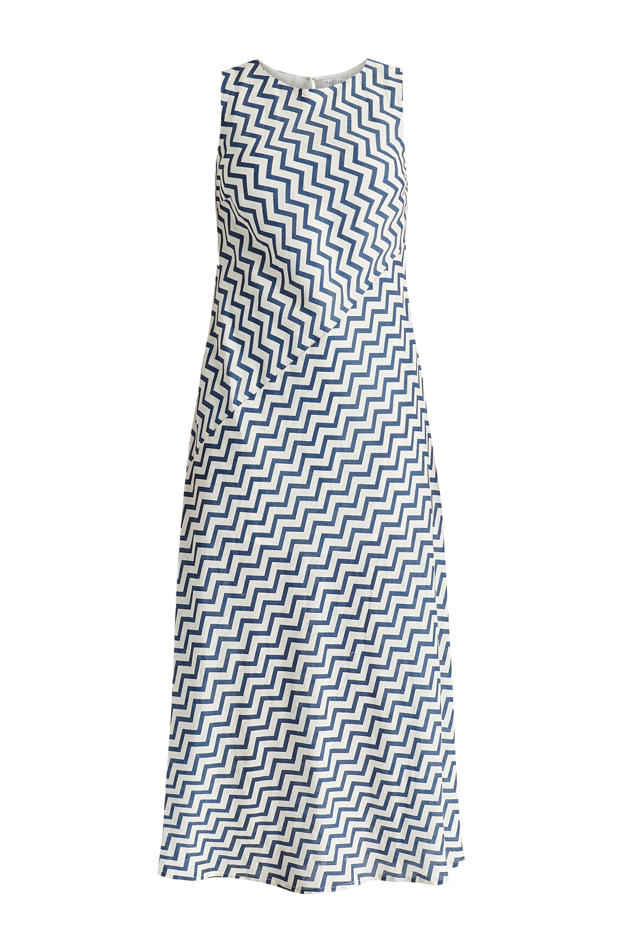 A-Line Midaxi Dress in Zigzag Pattern in White and Blue Cutout