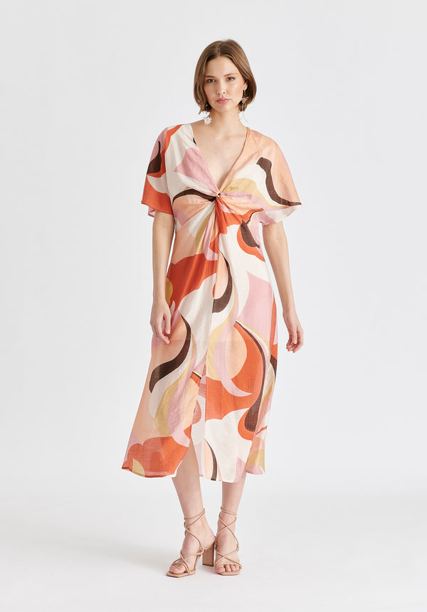 Retro Wave Midi Dress with Twist Detail in Red, Pink, Peach, Brown and White Front