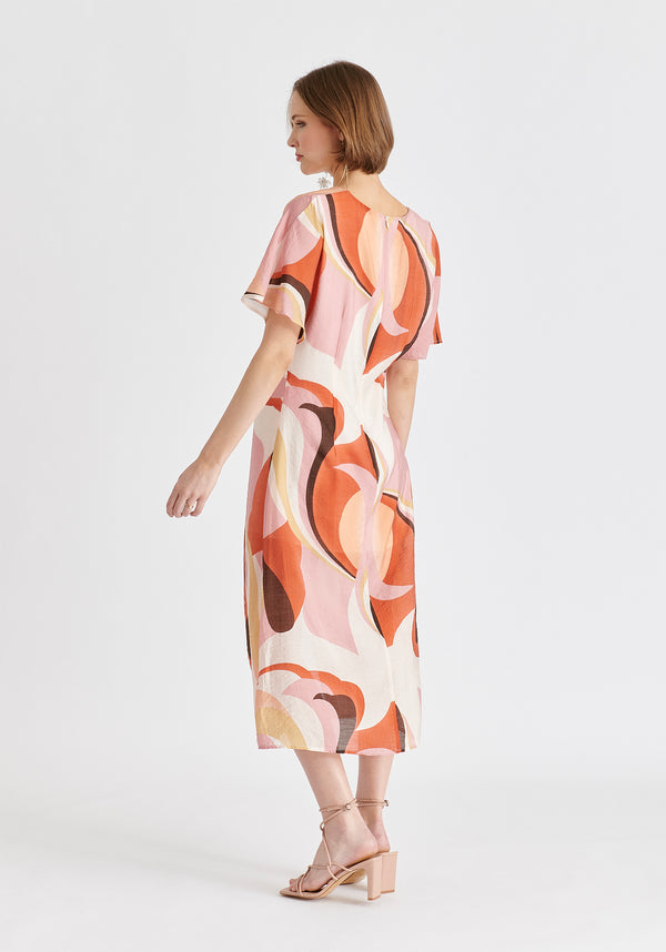 Retro Wave Midi Dress with Twist Detail in Red, Pink, Peach, Brown and White Back