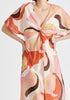 Retro Wave Midi Dress with Twist Detail in Red, Pink, Peach, Brown and White Closeup