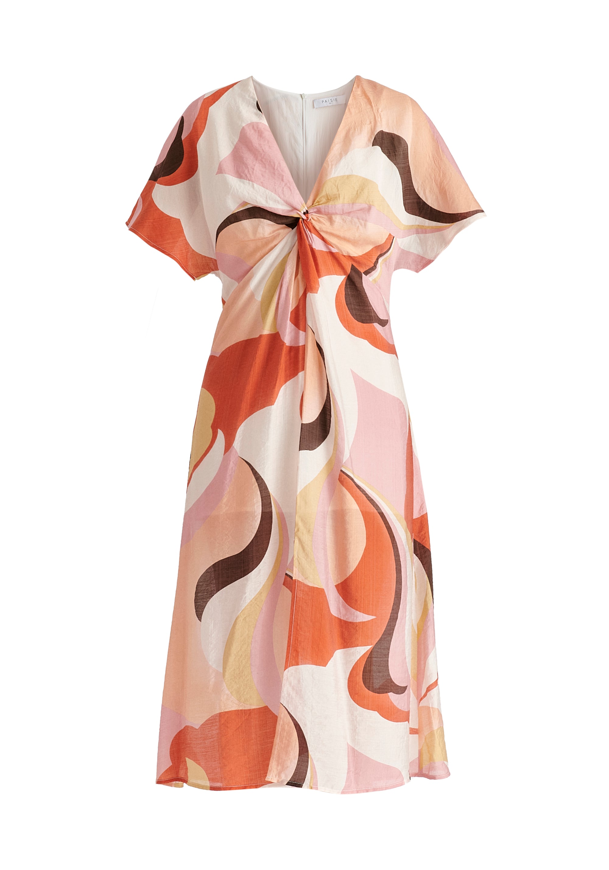 Retro Wave Midi Dress with Twist Detail in Red, Pink, Peach, Brown and White Side Cutout
