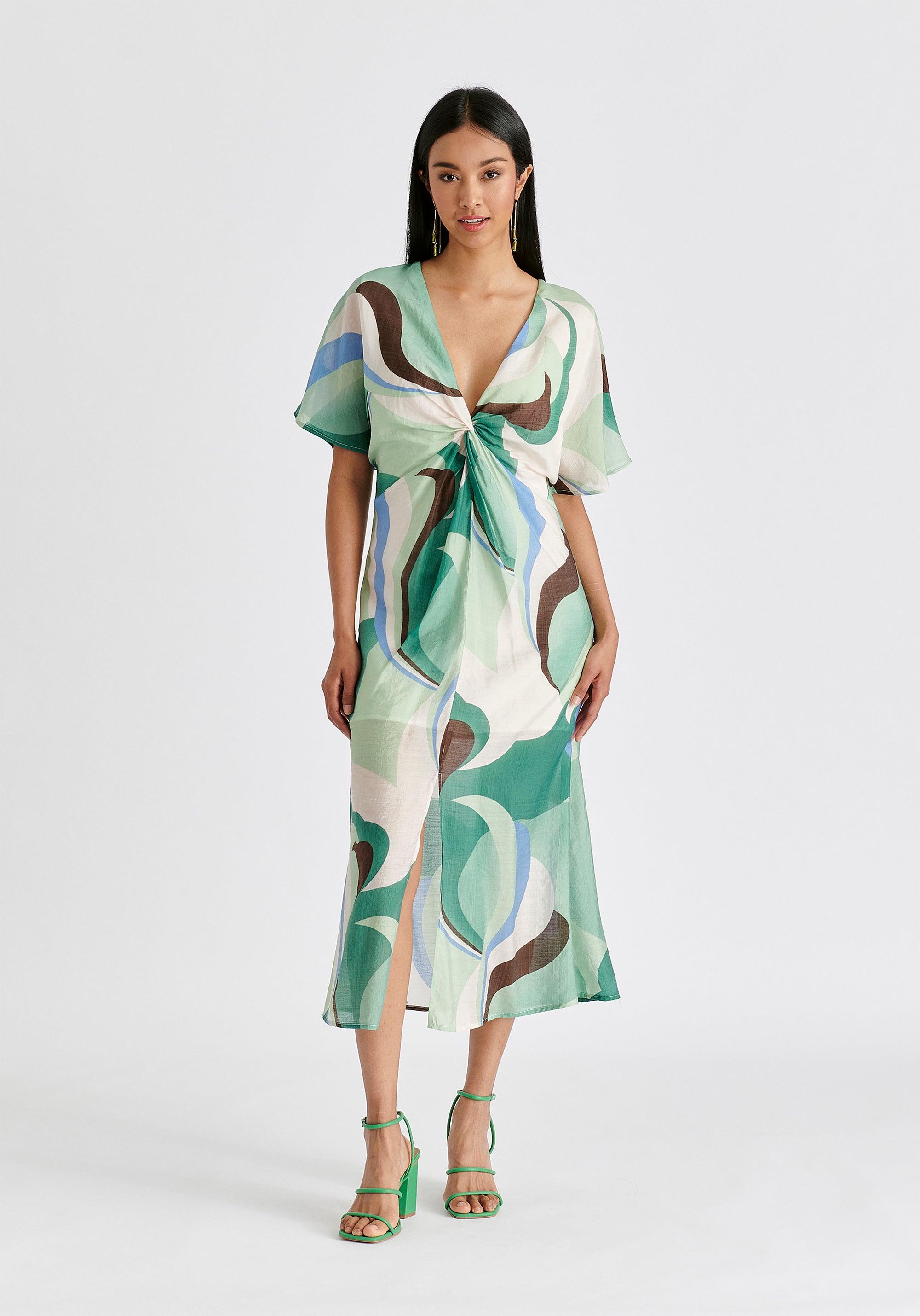Retro Wave Midi Dress with Twist Detail in Green, Brown, Blue, Mint and White Front