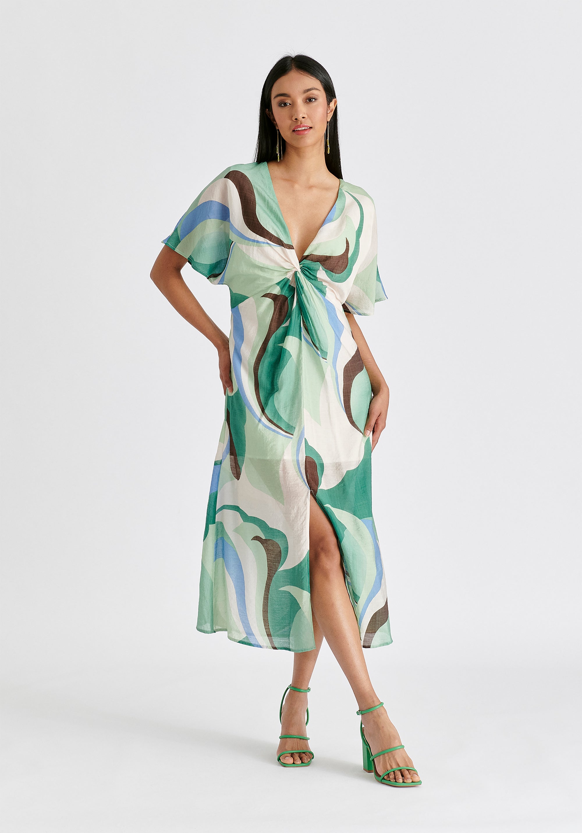 Retro Wave Midi Dress with Twist Detail in Green, Brown, Blue, Mint and White Front