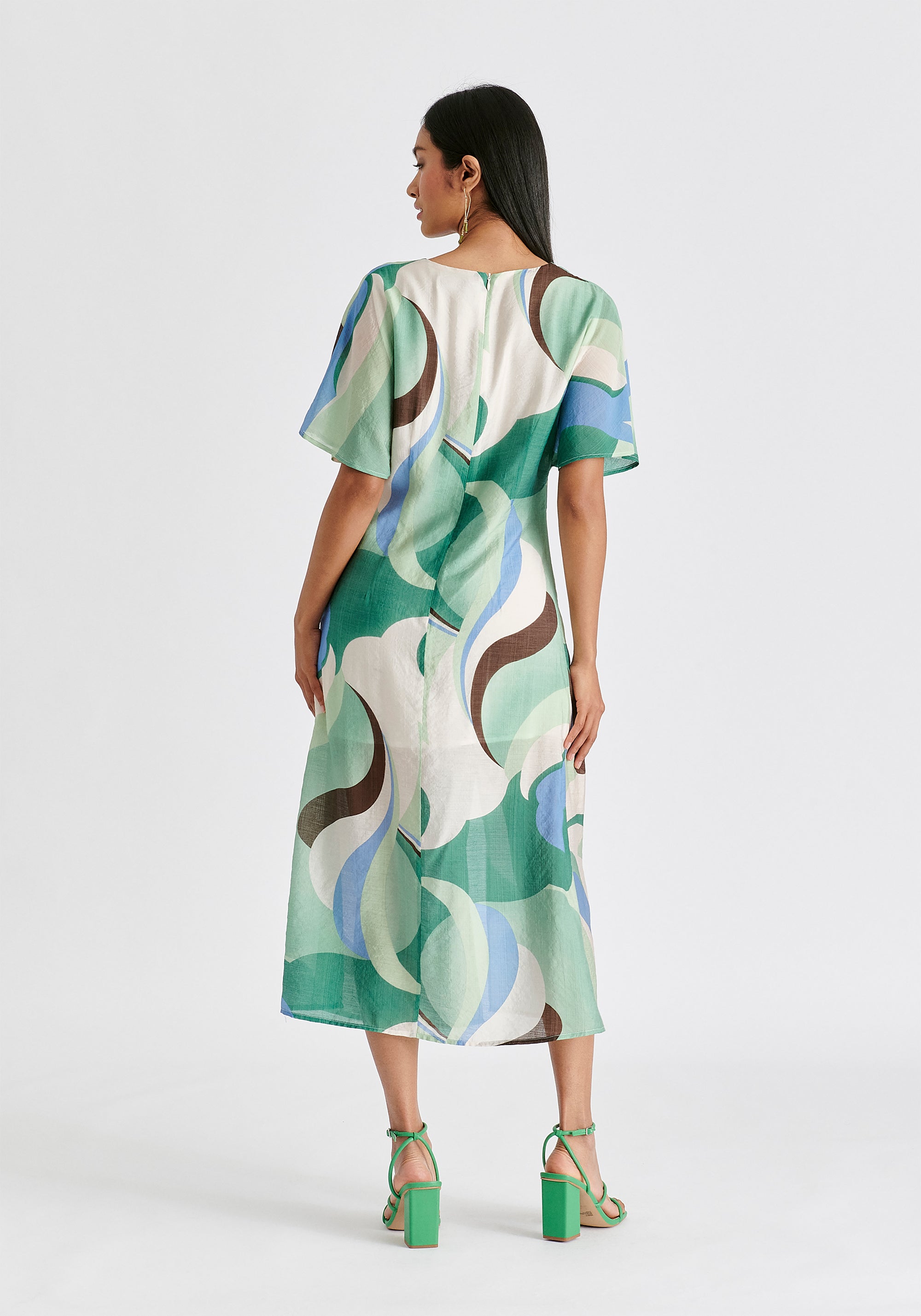 Retro Wave Midi Dress with Twist Detail in Green, Brown, Blue, Mint and White Back