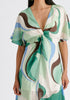 Retro Wave Midi Dress with Twist Detail in Green, Brown, Blue, Mint and White