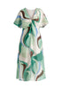 Retro Wave Midi Dress with Twist Detail in Green, Brown, Blue, Mint and White Cutout