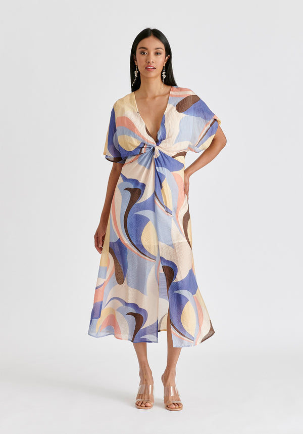 Retro Wave Midi Dress with Twist Detail in Blue, Brown, Pastel Yellow, Pink and White Front