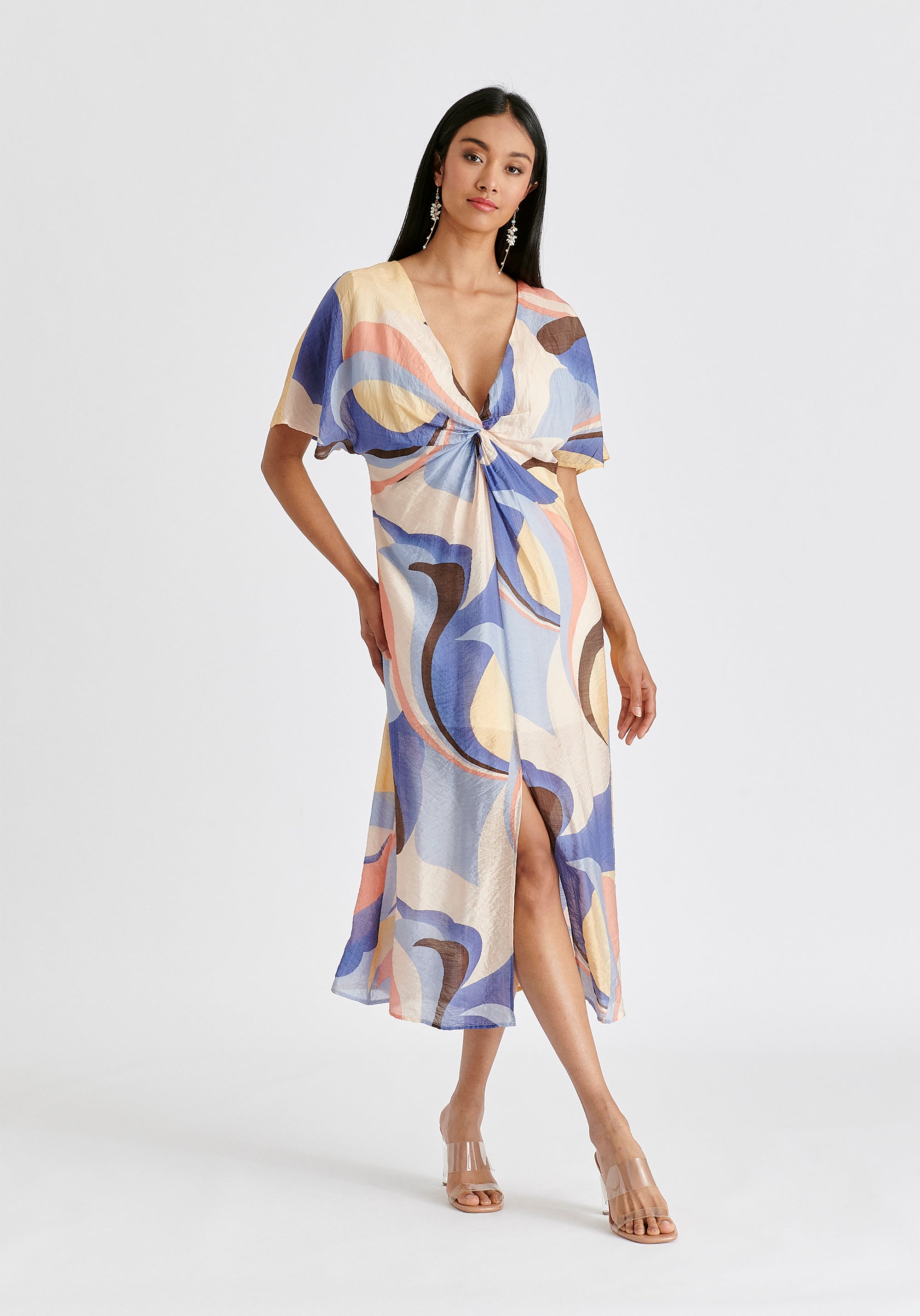 Retro Wave Midi Dress with Twist Detail in Blue, Brown, Pastel Yellow, Pink and White Front