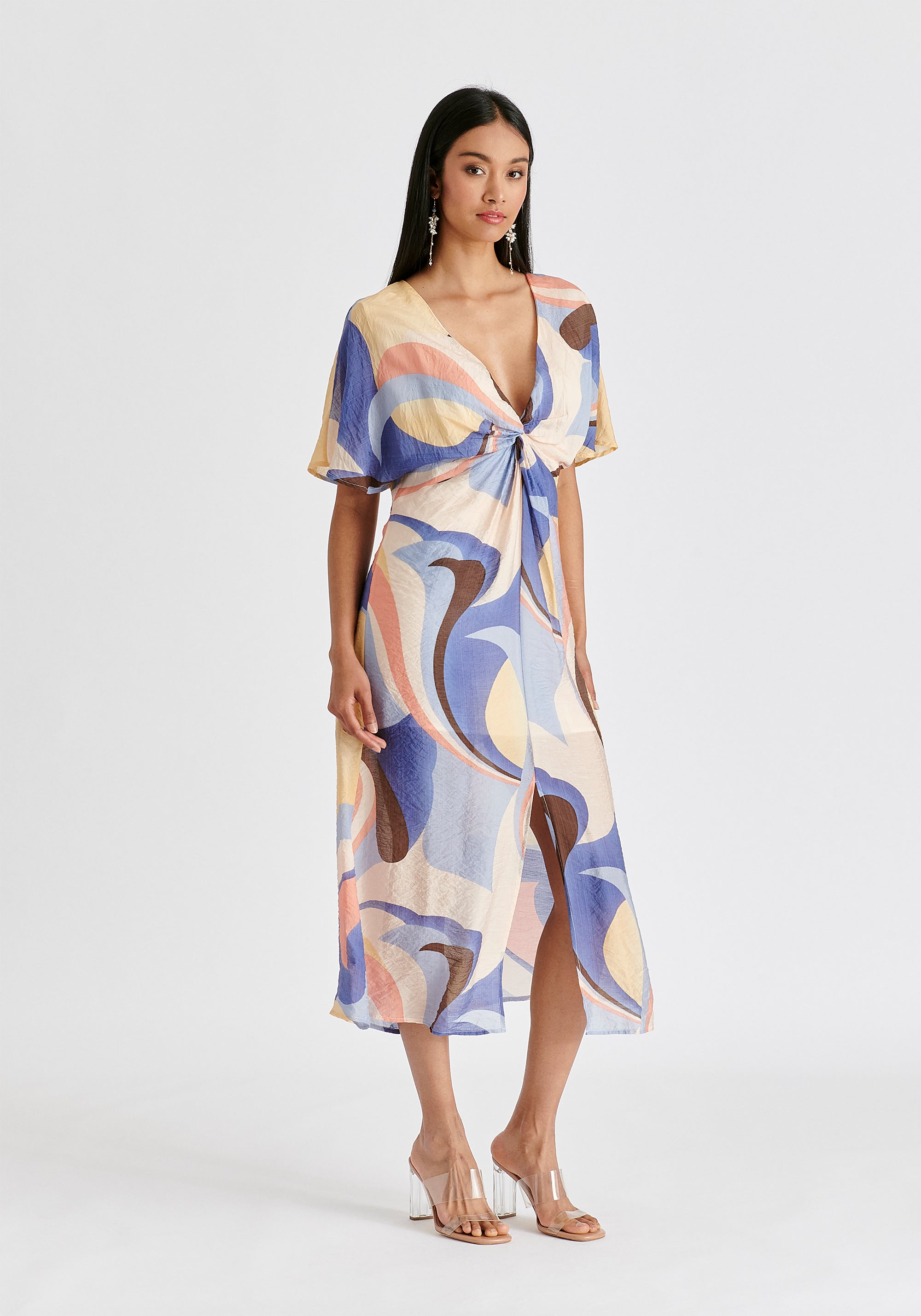 Retro Wave Midi Dress with Twist Detail in Blue, Brown, Pastel Yellow, Pink and White Side