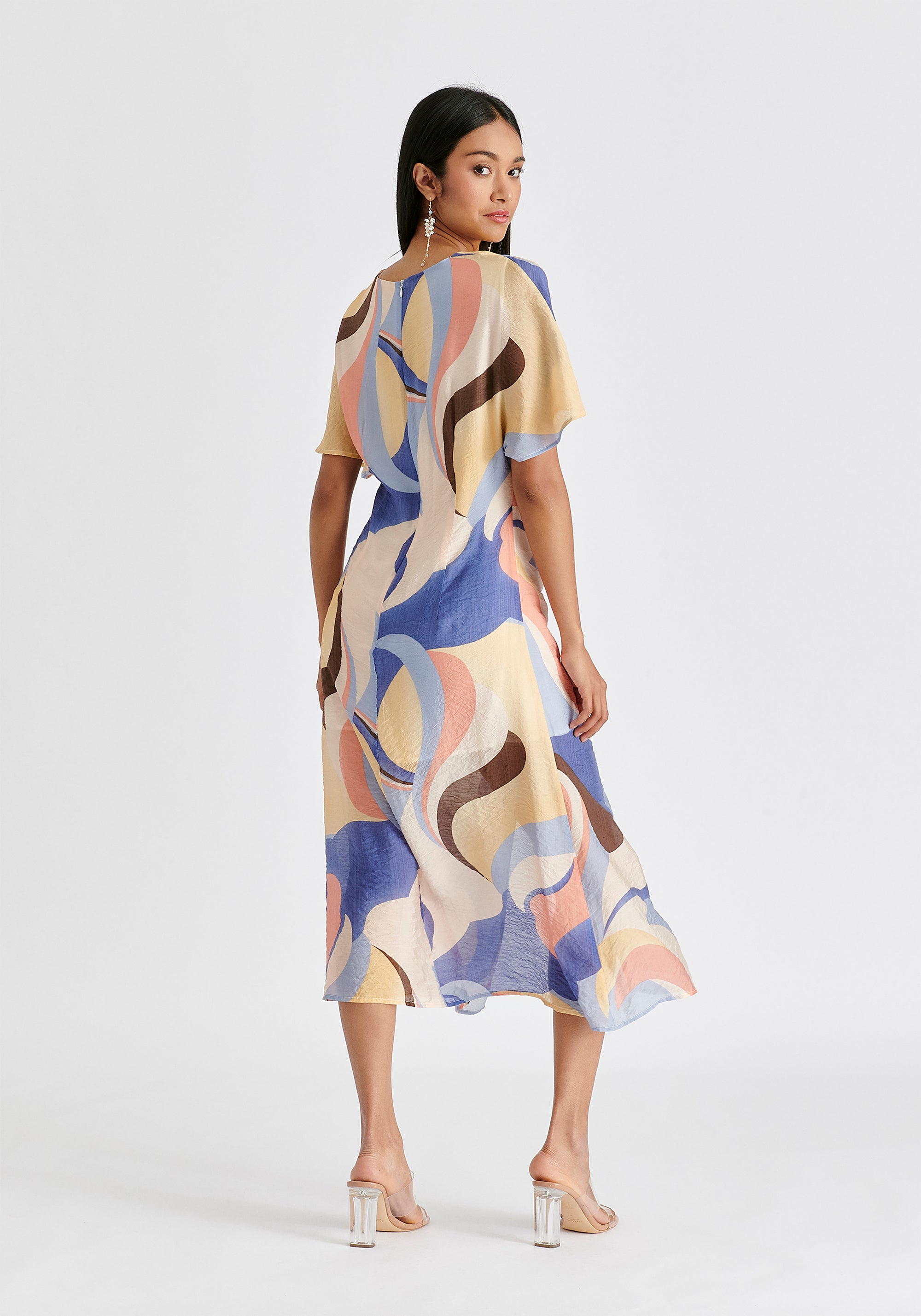 Retro Wave Midi Dress with Twist Detail in Blue, Brown, Pastel Yellow, Pink and White Back