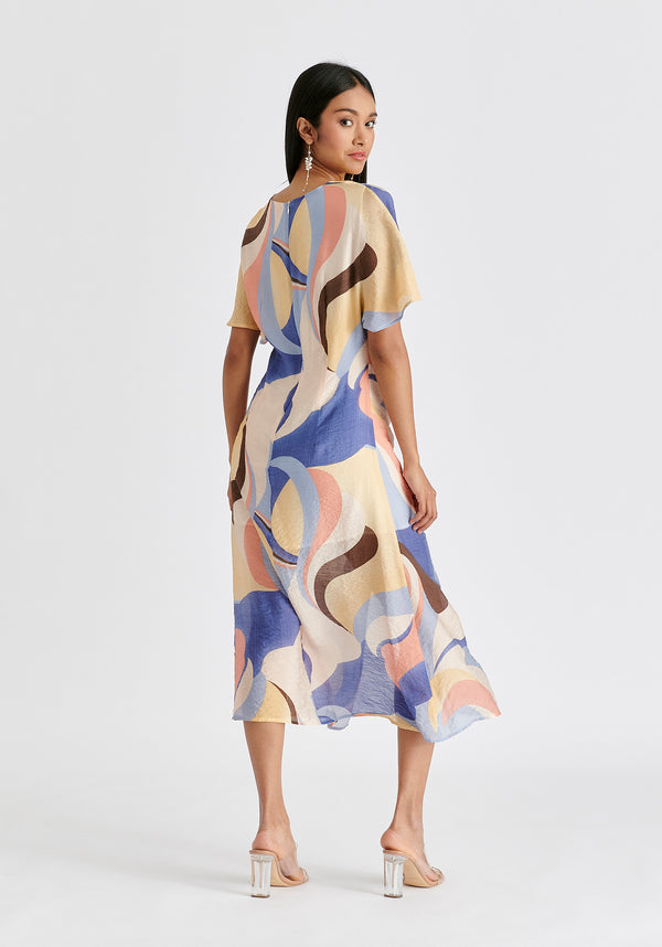 Retro Wave Midi Dress with Twist Detail in Blue, Brown, Pastel Yellow, Pink and White Back