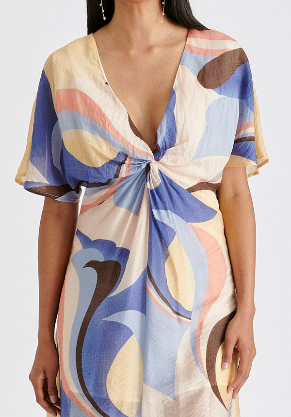 Retro Wave Midi Dress with Twist Detail in Blue, Brown, Pastel Yellow, Pink and White Closeup