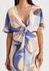 Retro Wave Midi Dress with Twist Detail in Blue, Brown, Pastel Yellow, Pink and White Closeup
