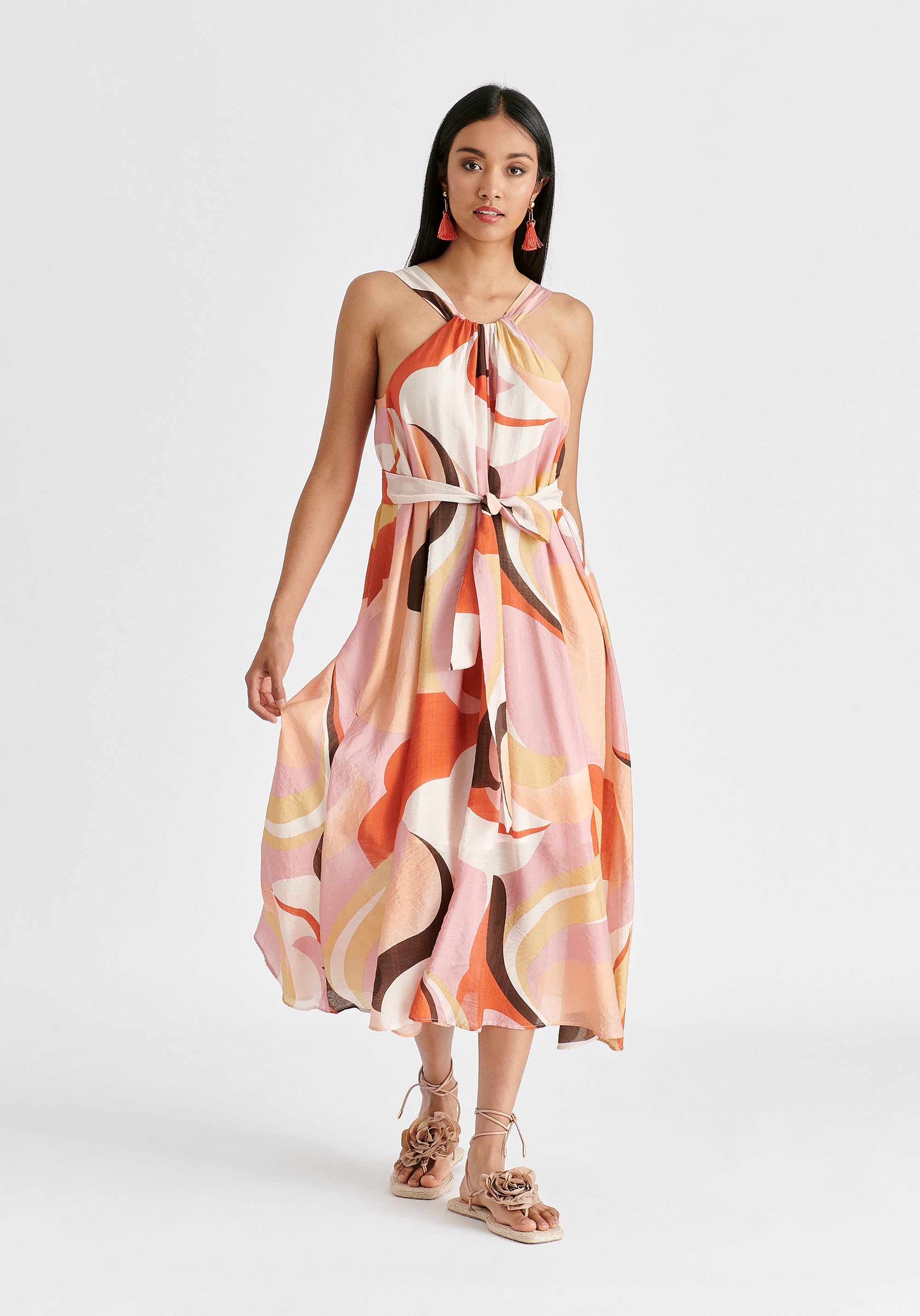 Retro Wave Halter Neck Midi Dress with Belt in Red, Pink, Peach, Brown and White Front