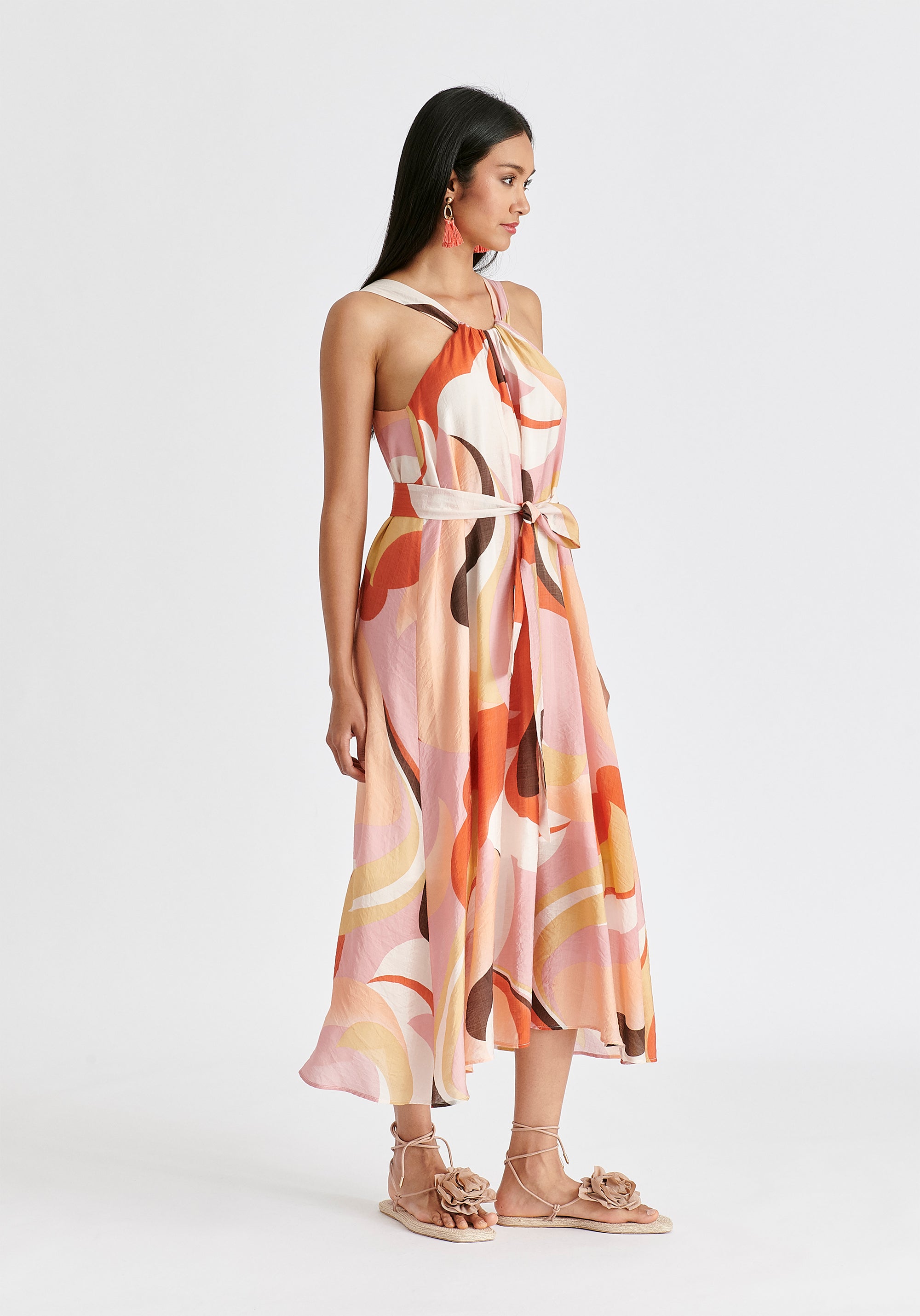 Retro Wave Halter Neck Midi Dress with Belt in Red, Pink, Peach, Brown and White Side