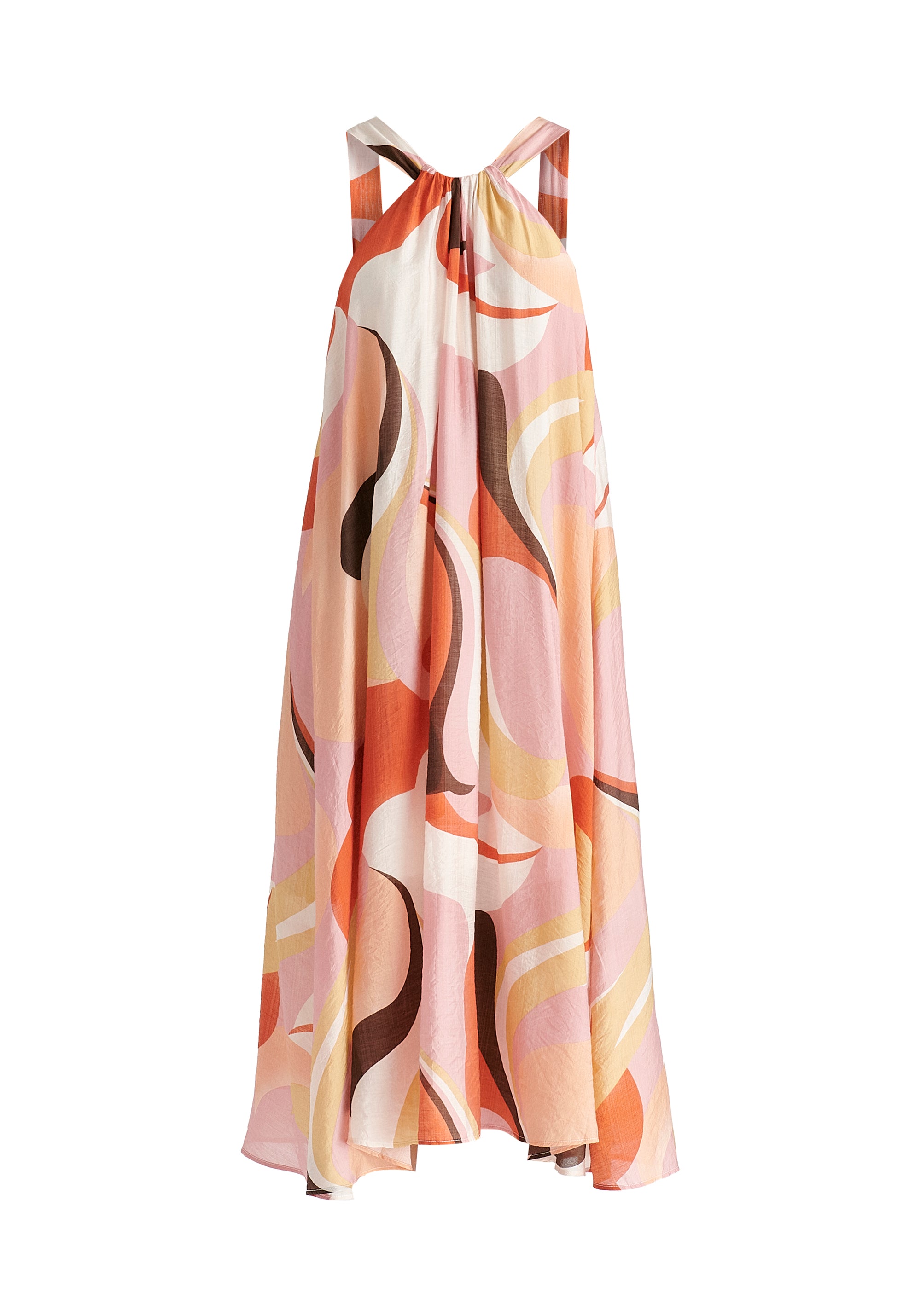 Retro Wave Halter Neck Midi Dress with Belt in Red, Pink, Peach, Brown and White Cutout