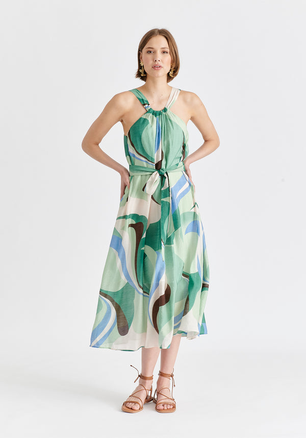 Retro Wave Halter Neck Midi Dress with Belt in Green, Brown, Blue, Mint and White Front
