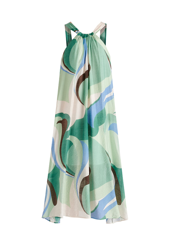 Retro Wave Halter Neck Midi Dress with Belt in Green, Brown, Blue, Mint and White Cutout
