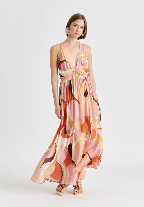 Retro Wave Halter Neck Maxi Dress in Red, Pink, Peach, Brown and White