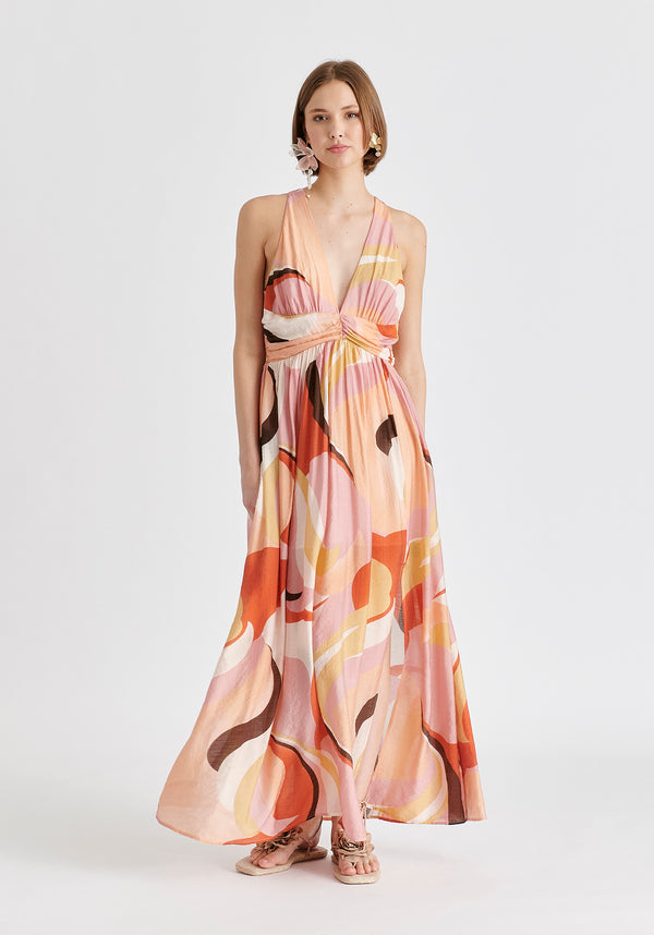 Retro Wave Halter Neck Maxi Dress in Red, Pink, Peach, Brown and White Front