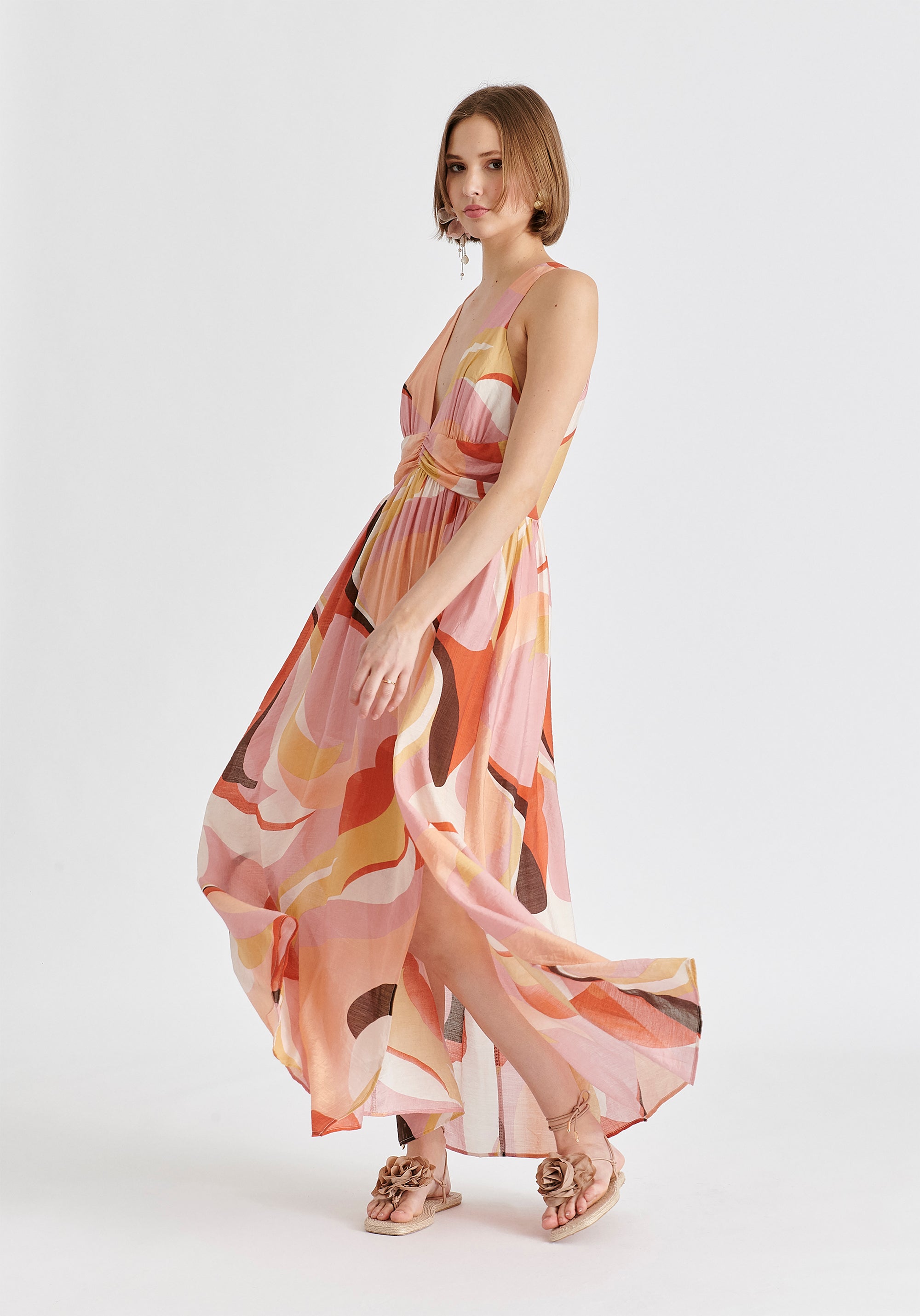 Retro Wave Halter Neck Maxi Dress in Red, Pink, Peach, Brown and White Side
