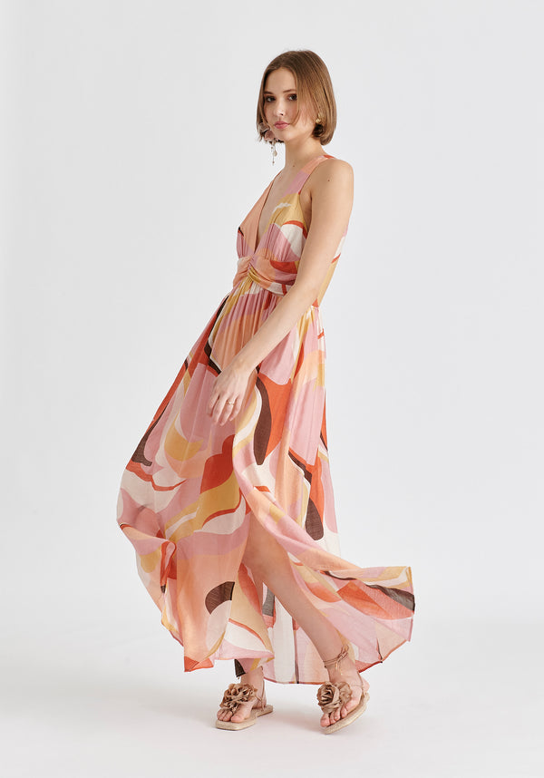 Retro Wave Halter Neck Maxi Dress in Red, Pink, Peach, Brown and White Side