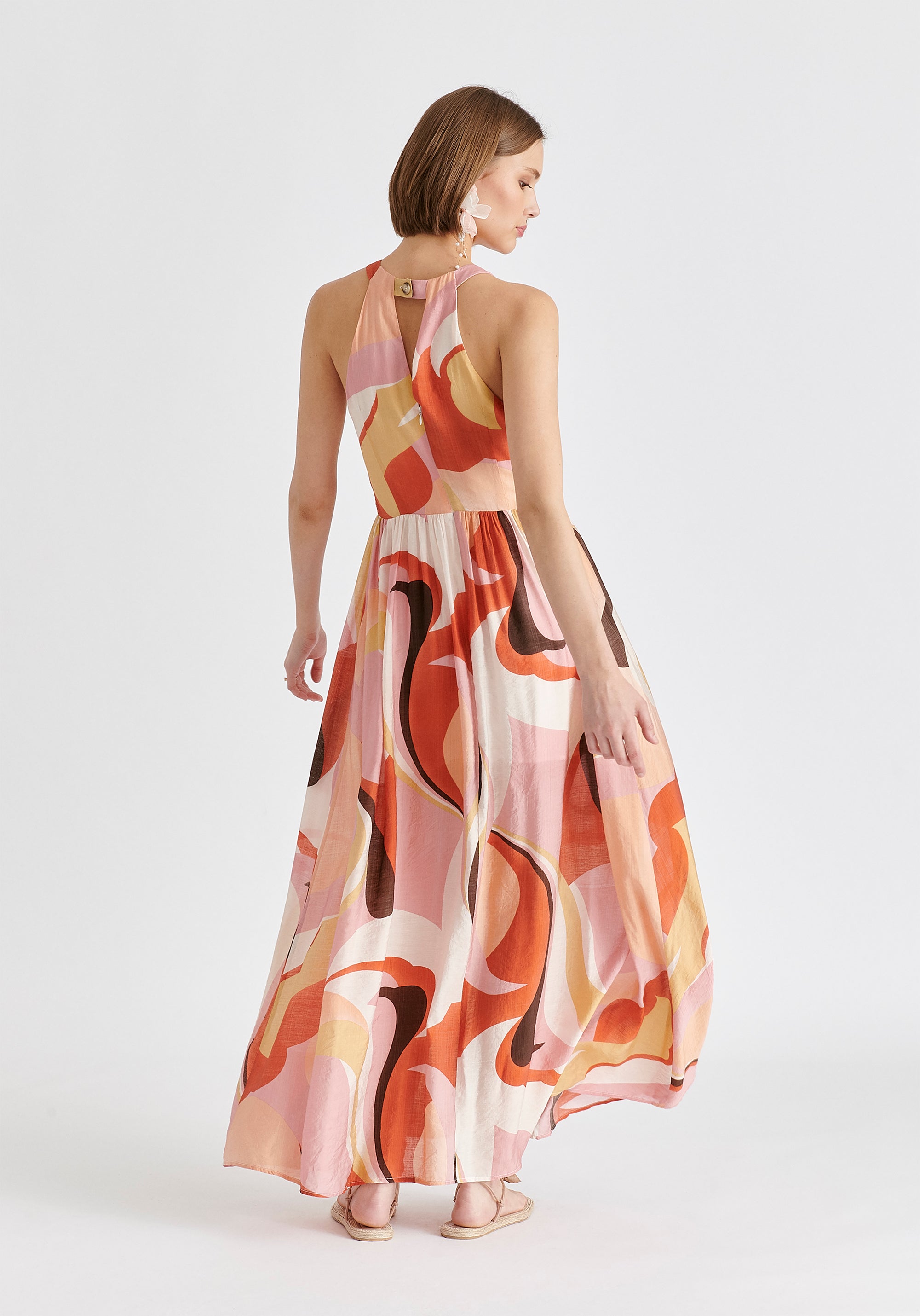 Retro Wave Halter Neck Maxi Dress in Red, Pink, Peach, Brown and White Back