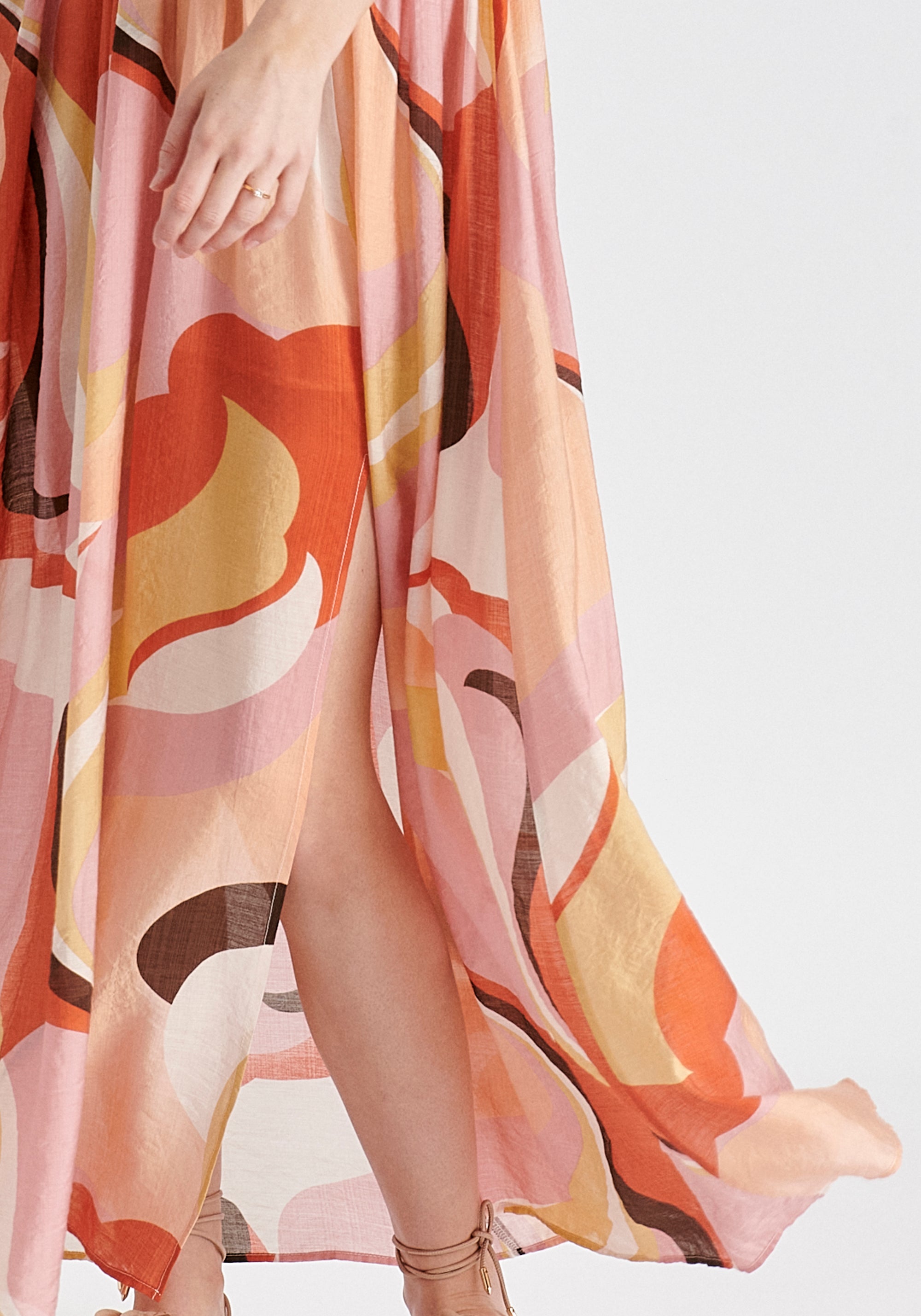 Retro Wave Halter Neck Maxi Dress in Red, Pink, Peach, Brown and White Closeup