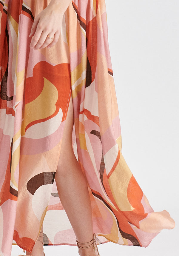 Retro Wave Halter Neck Maxi Dress in Red, Pink, Peach, Brown and White Closeup