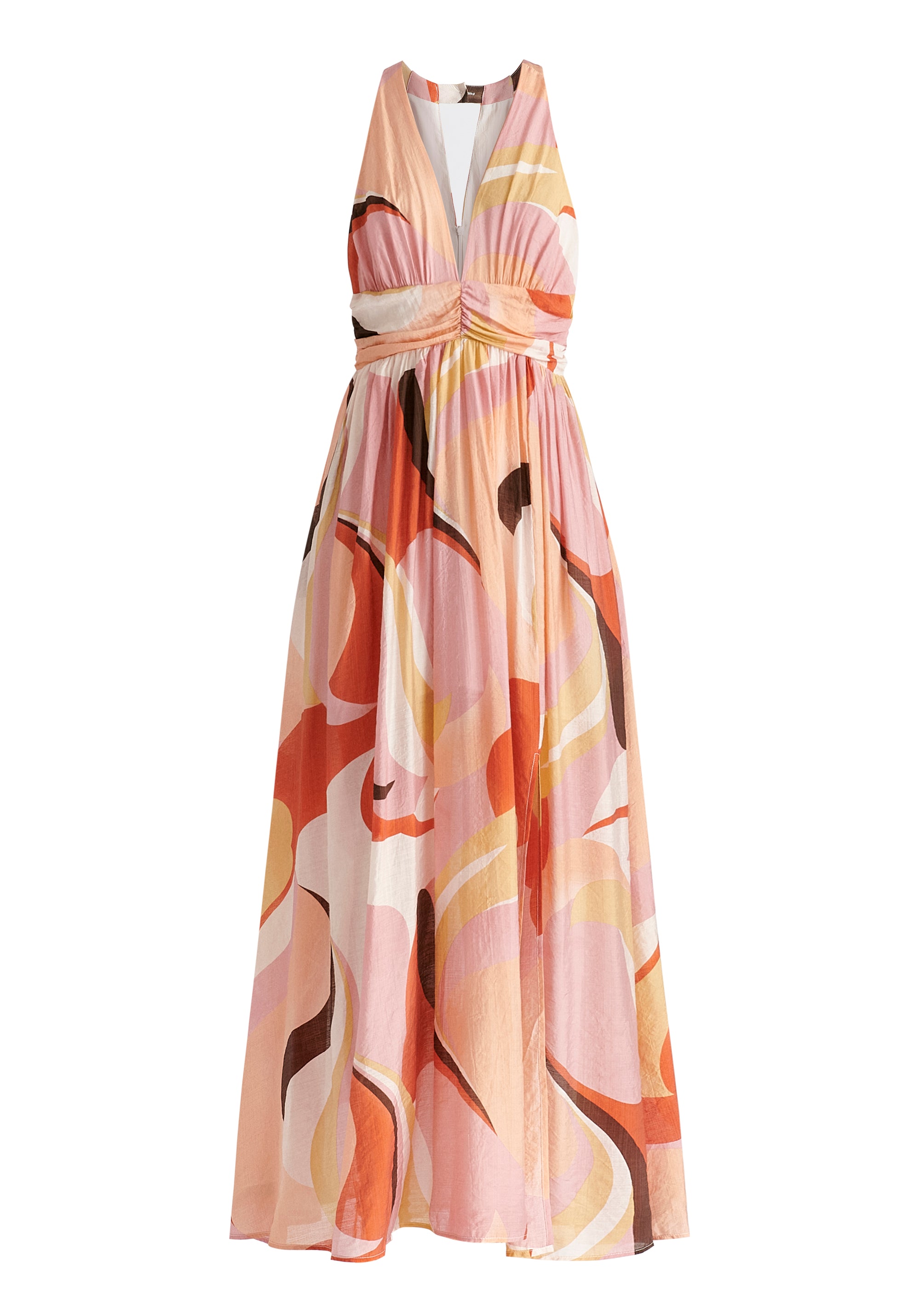 Retro Wave Halter Neck Maxi Dress in Red, Pink, Peach, Brown and White Cutout