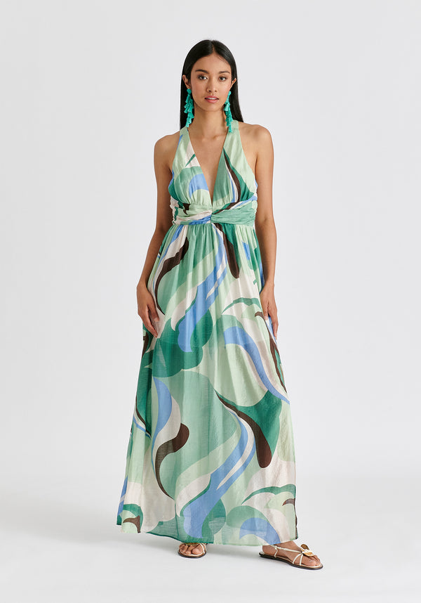 Retro Wave Halter Neck Maxi Dress in Green, Brown, Blue, Mint and White