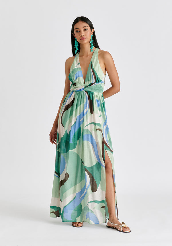 Retro Wave Halter Neck Maxi Dress in Green, Brown, Blue, Mint and White Front