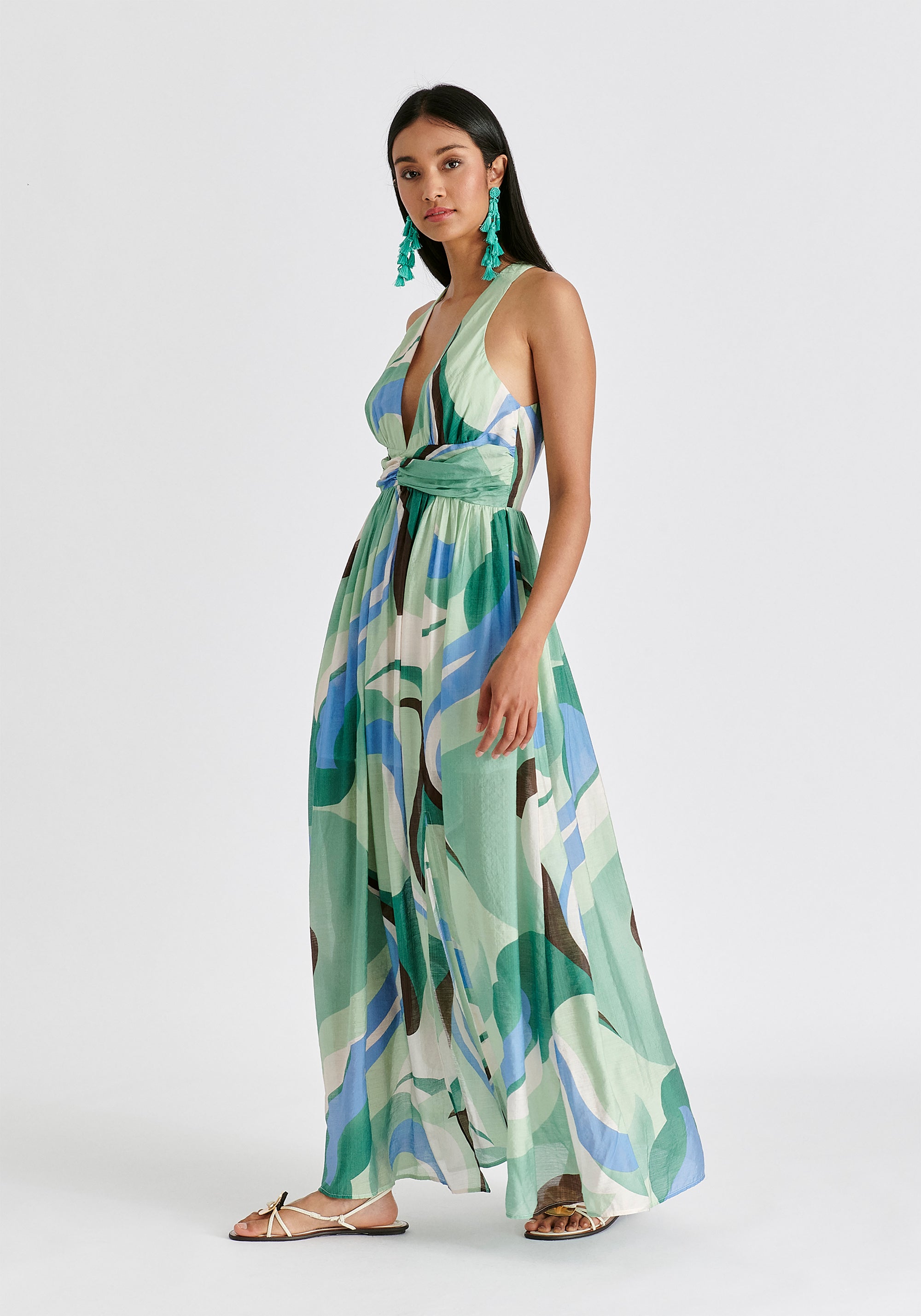 Retro Wave Halter Neck Maxi Dress in Green, Brown, Blue, Mint and White Side