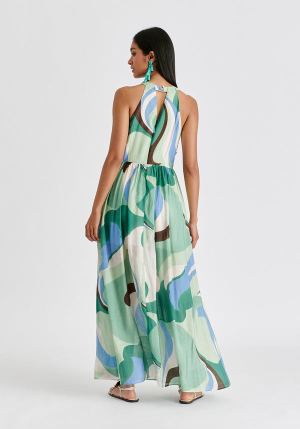 Retro Wave Halter Neck Maxi Dress in Green, Brown, Blue, Mint and White Back