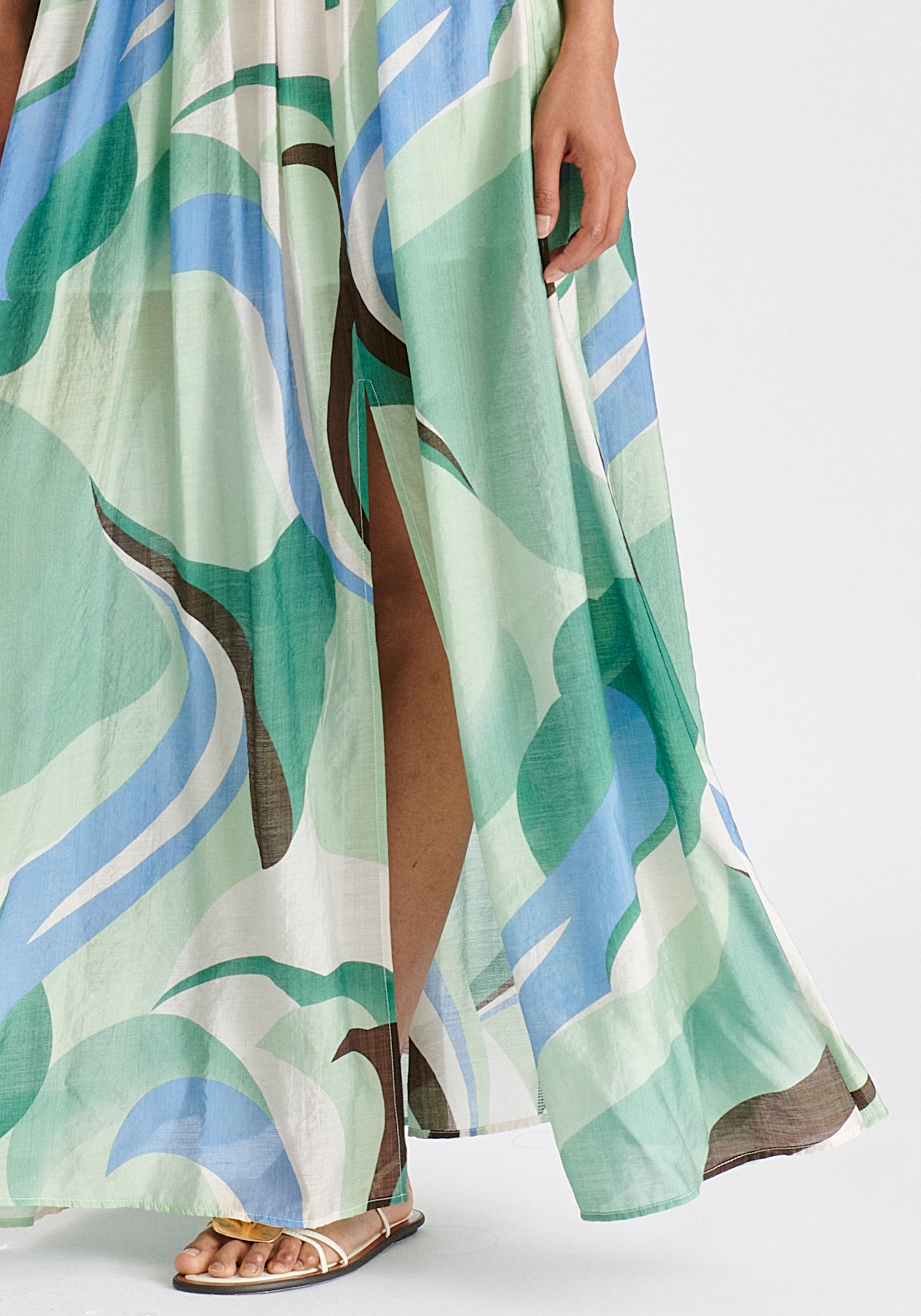 Retro Wave Halter Neck Maxi Dress in Green, Brown, Blue, Mint and White Closeup