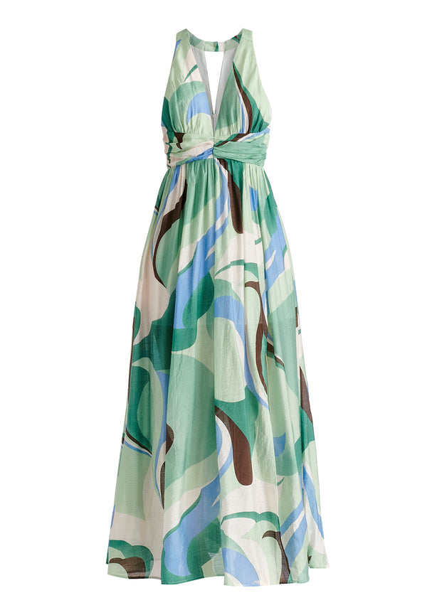 Retro Wave Halter Neck Maxi Dress in Green, Brown, Blue, Mint and White Cutout