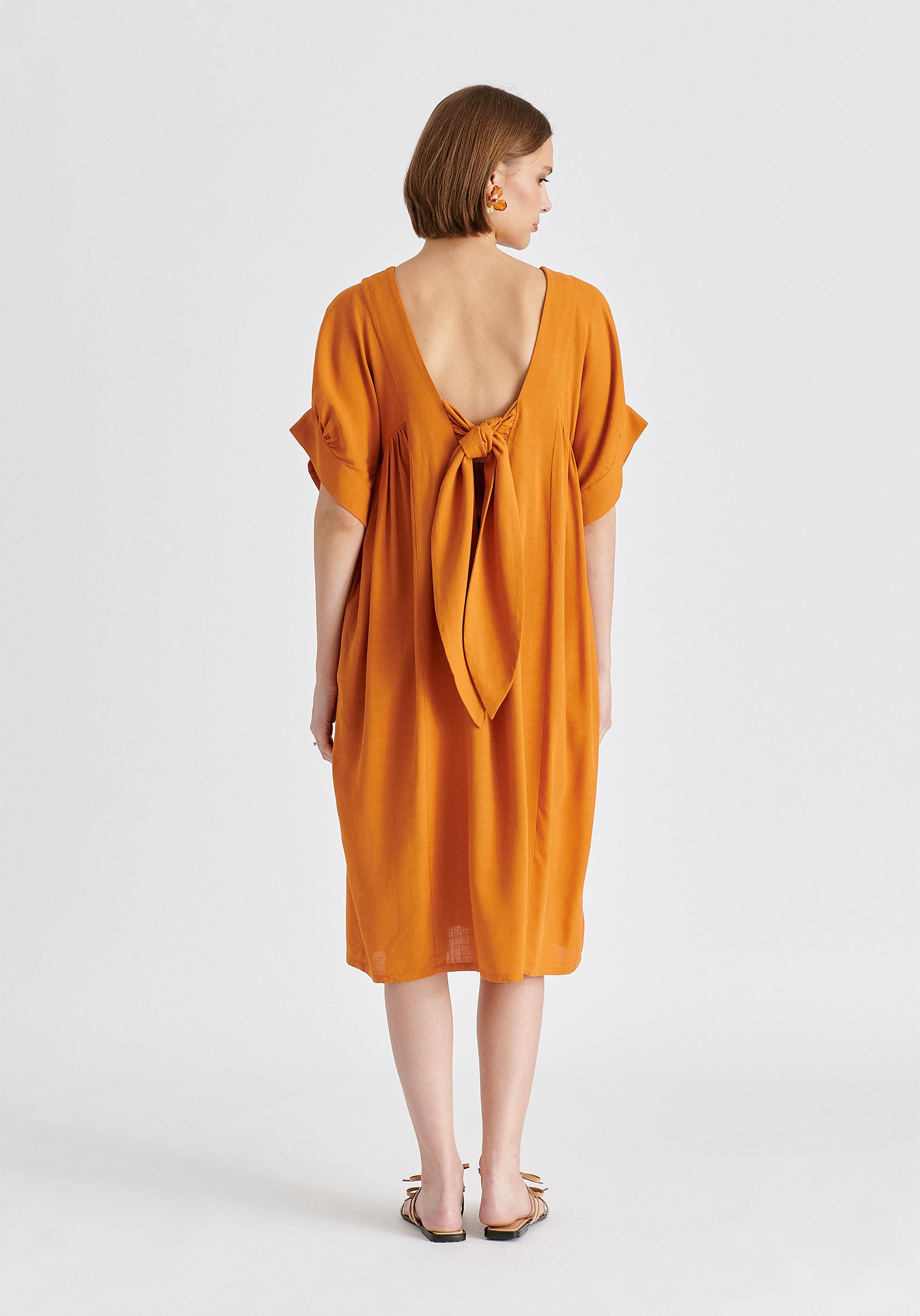 Relaxed Fit Dress with Back Bow Detail n Ochre Yellow Back