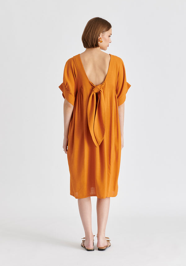 Relaxed Fit Dress with Back Bow Detail n Ochre Yellow Back