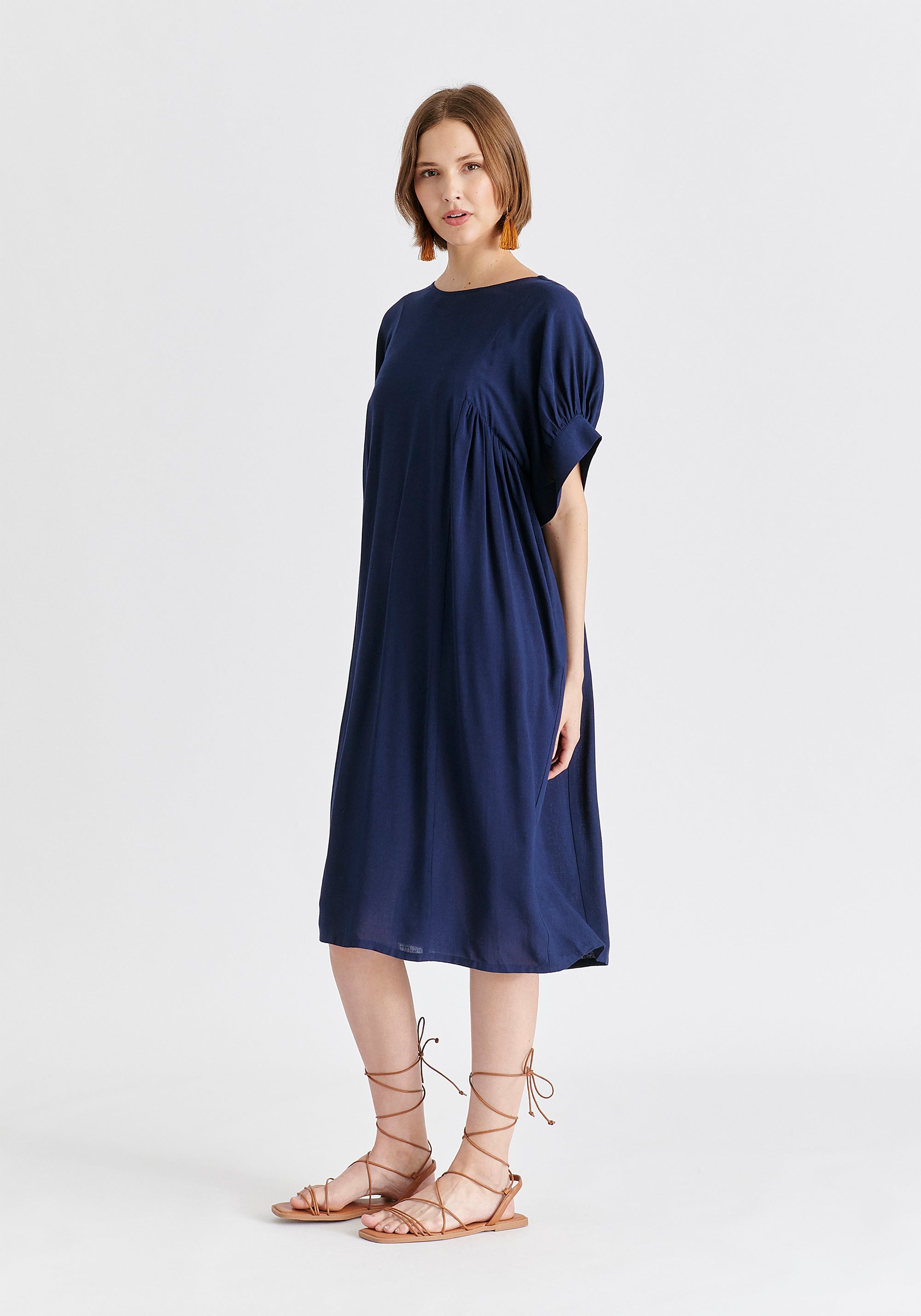 Relaxed Fit Dress with Back Bow Detail in Navy Front