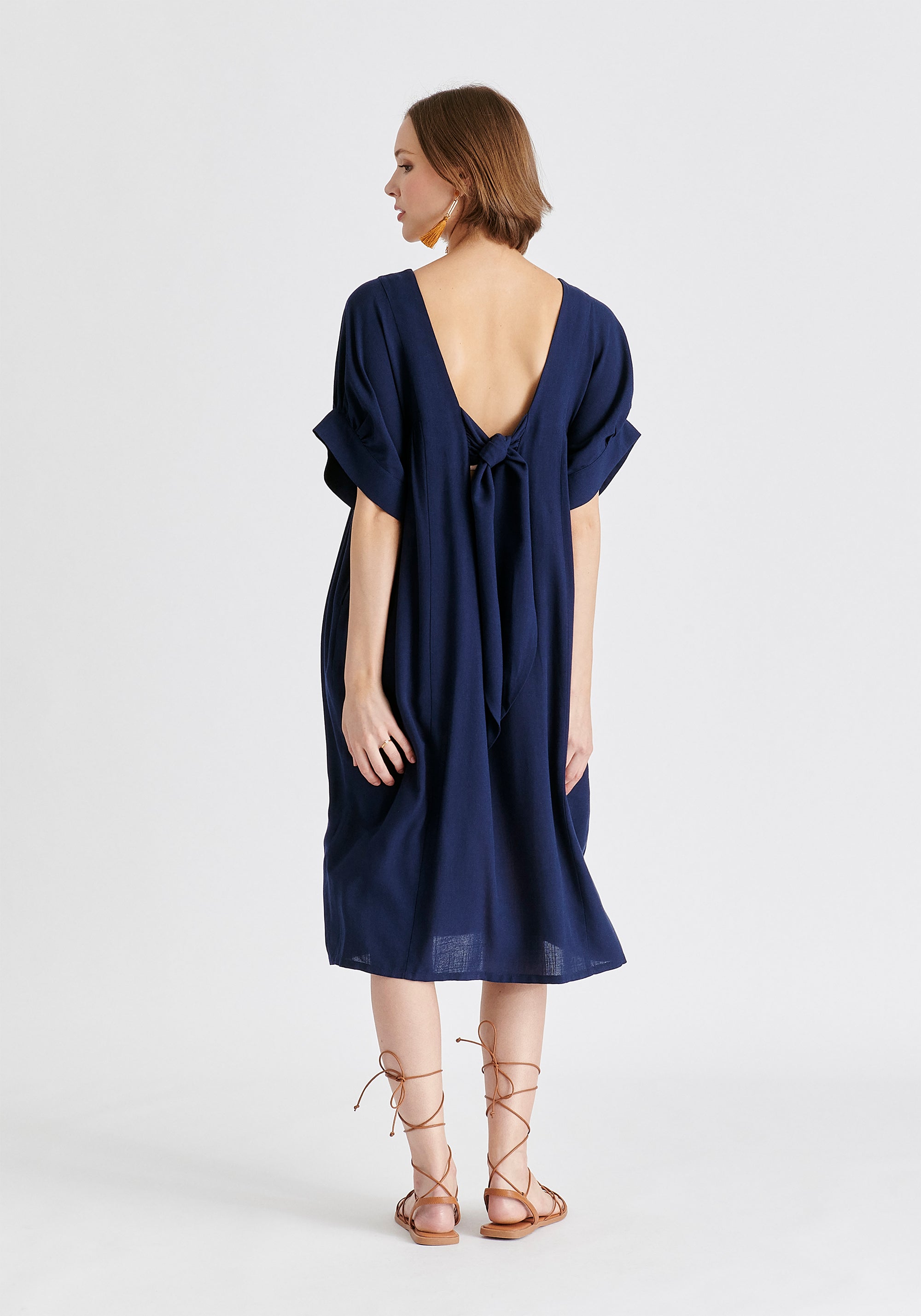 Relaxed Fit Dress with Back Bow Detail in Navy Back