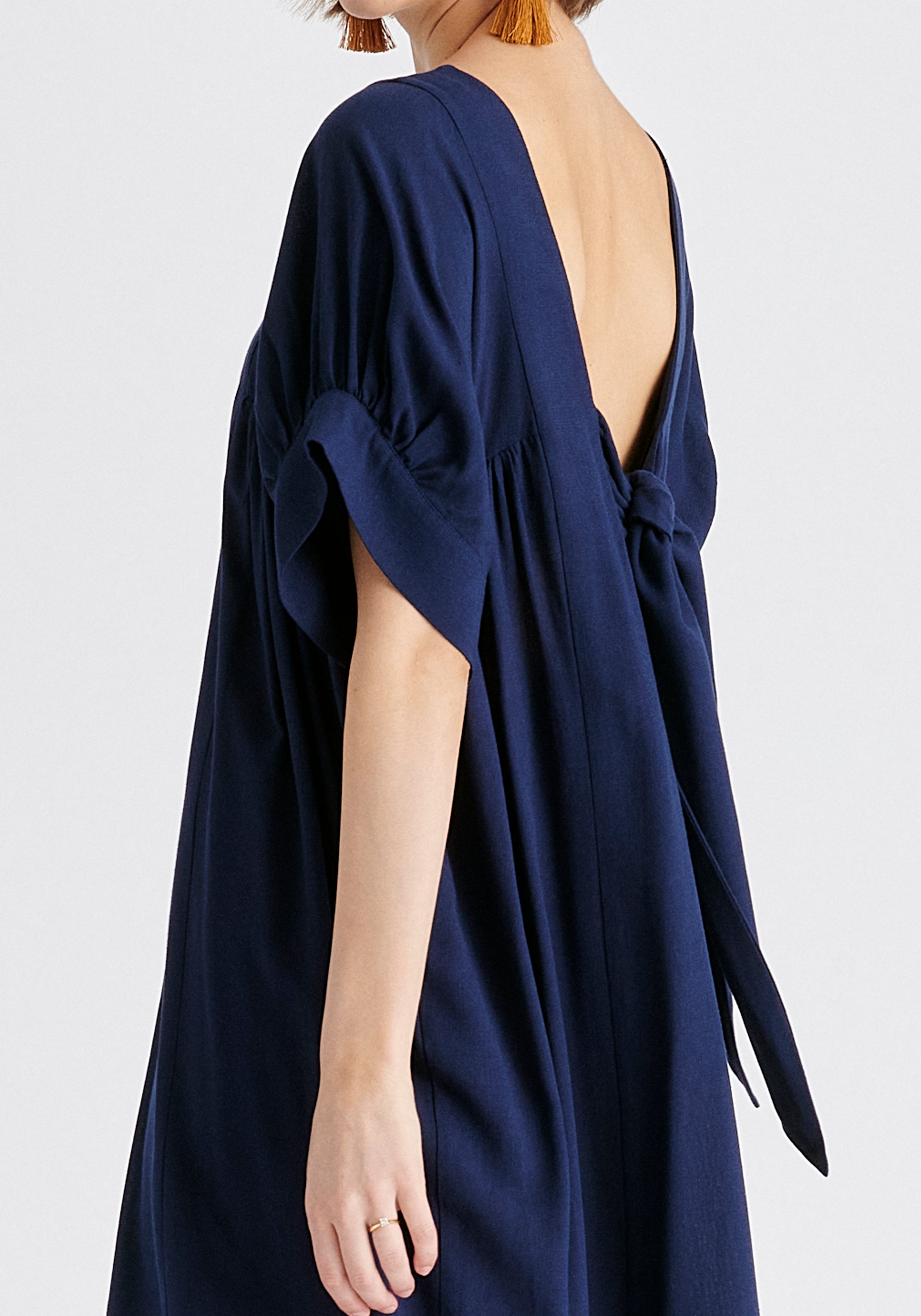 Relaxed Fit Dress with Back Bow Detail in Navy Closeup