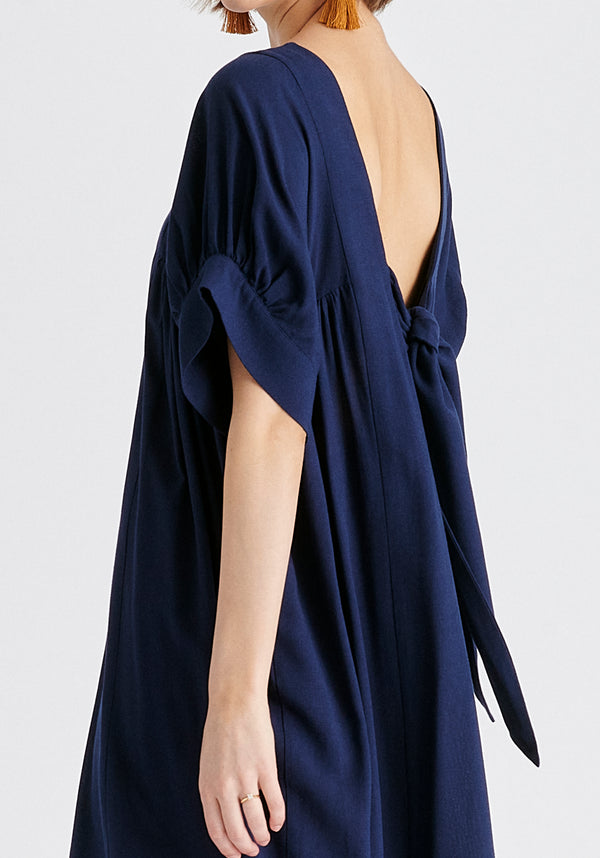 Relaxed Fit Dress with Back Bow Detail in Navy Closeup