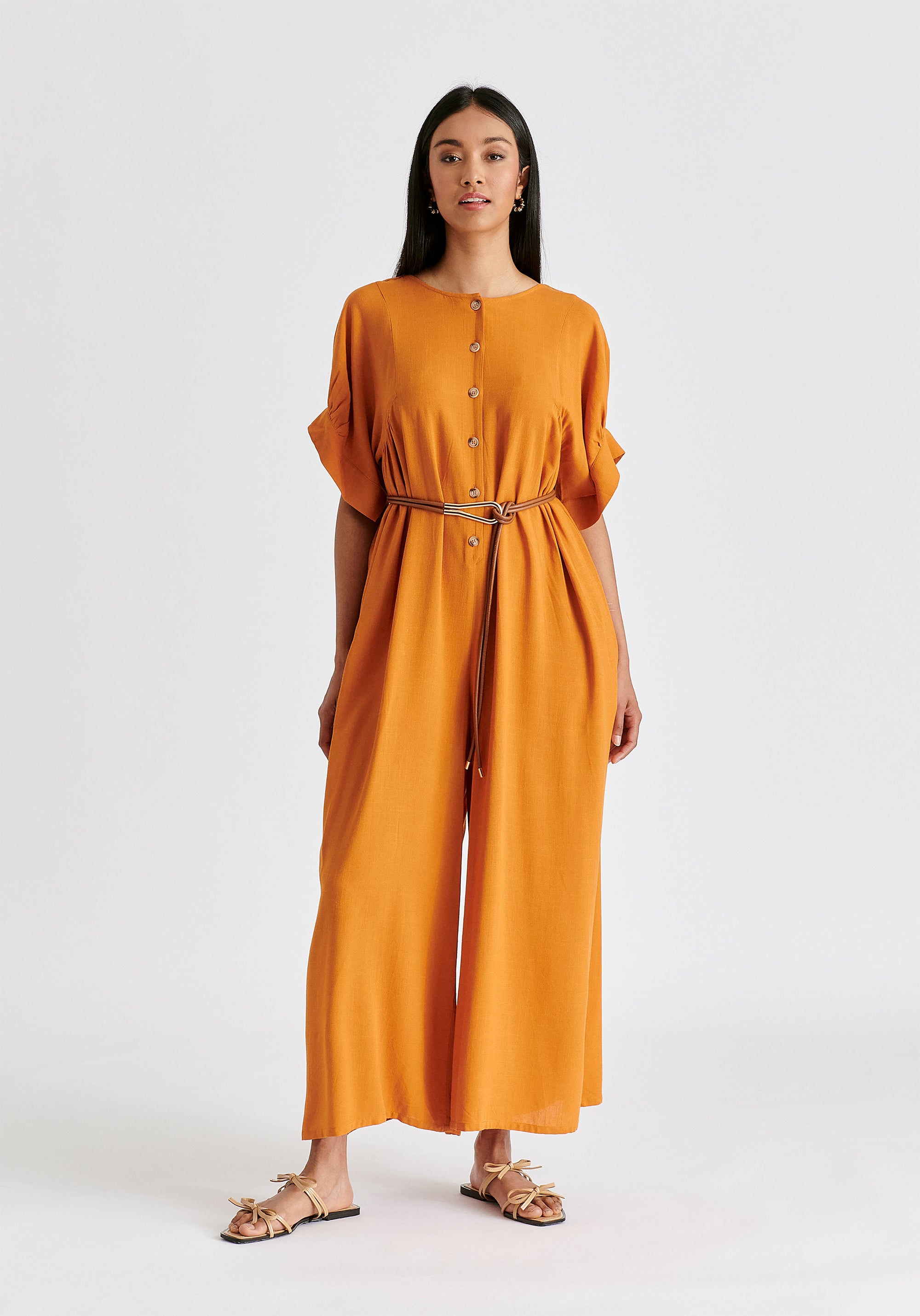 Relaxed Fit Wide Leg Jumpsuit with Belt in Ochre Yellow